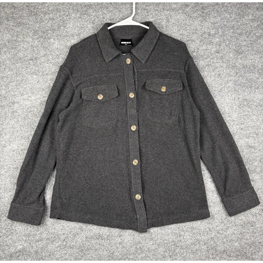 32 Degrees Heat Womens Medium Gray Fleece Shacket Button Front Shirt Jacket